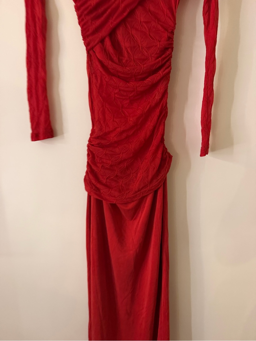 Asymmetrical Red Ruched Long Sleeve Maxi Dress - Picture 4 of 8